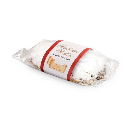 750 g feinster Christstollen mit Rosinen, Orangeat und Zitronat. Verpackt mit Banderole im Geschenkkarton.