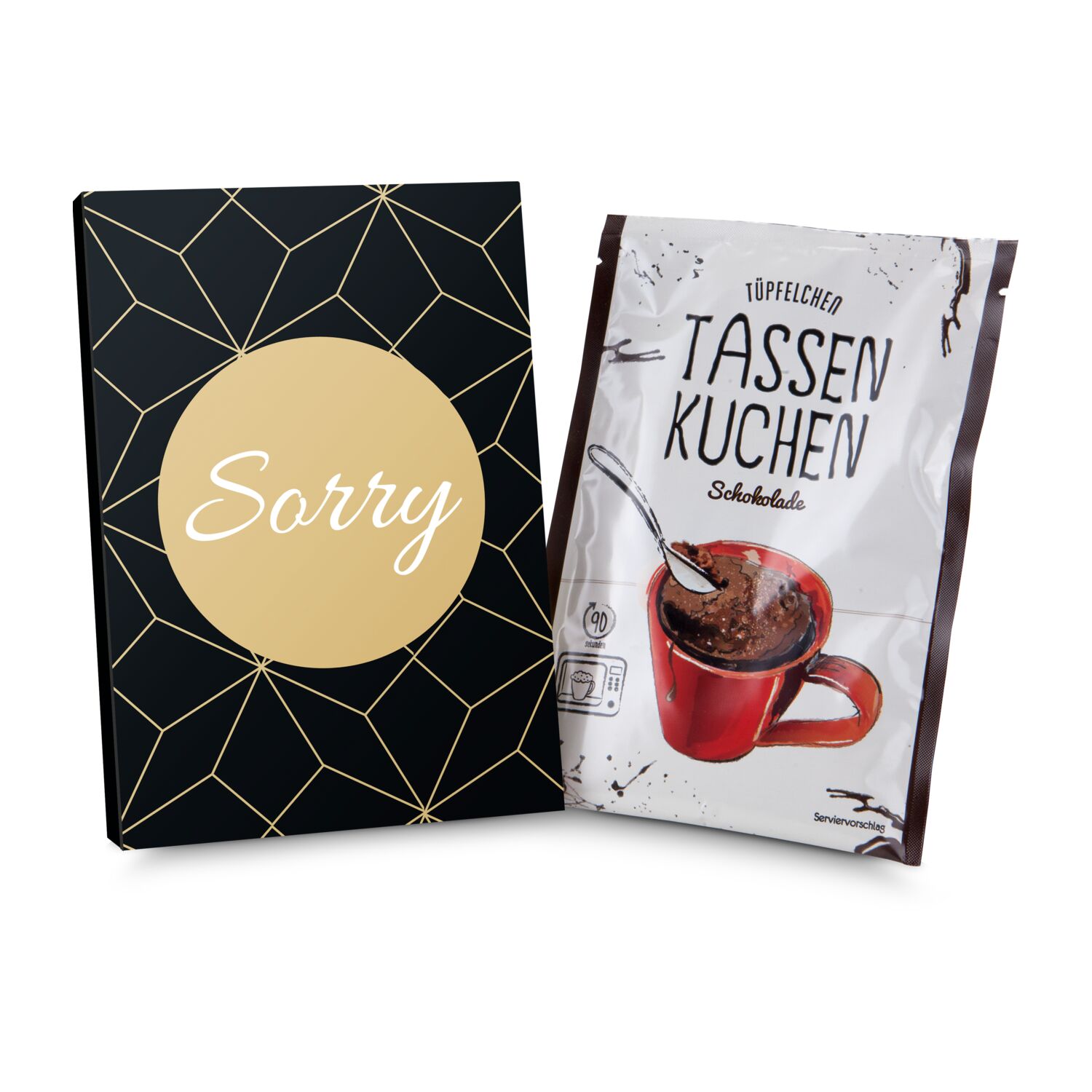 Eine Backmischung (70 g) für einen Schokoladenkuchen in der Tasse in Verpackung „Sorry“.