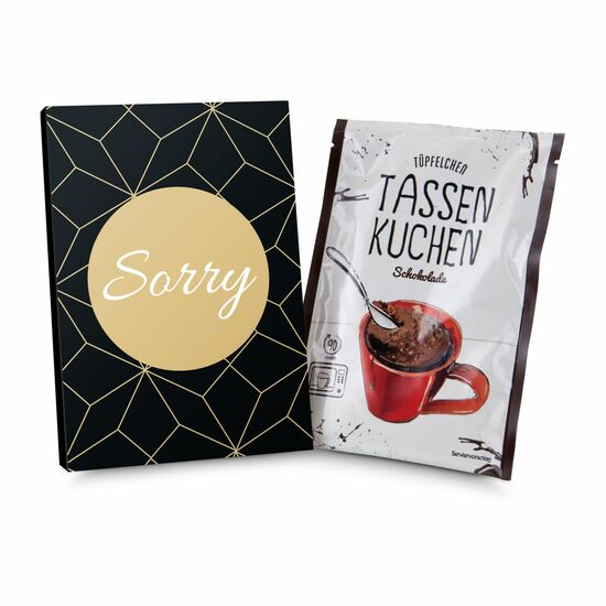 Eine Backmischung (70 g) für einen Schokoladenkuchen in der Tasse in Verpackung „Sorry“.