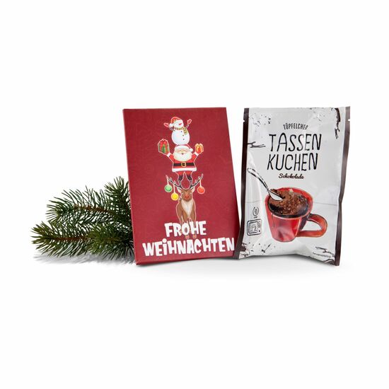 Eine Backmischung (70 g) für ein Schokoladenkuchen in der Tasse in der weihnachtlichen Taschenverpackung „Frohe Weihnachten“.