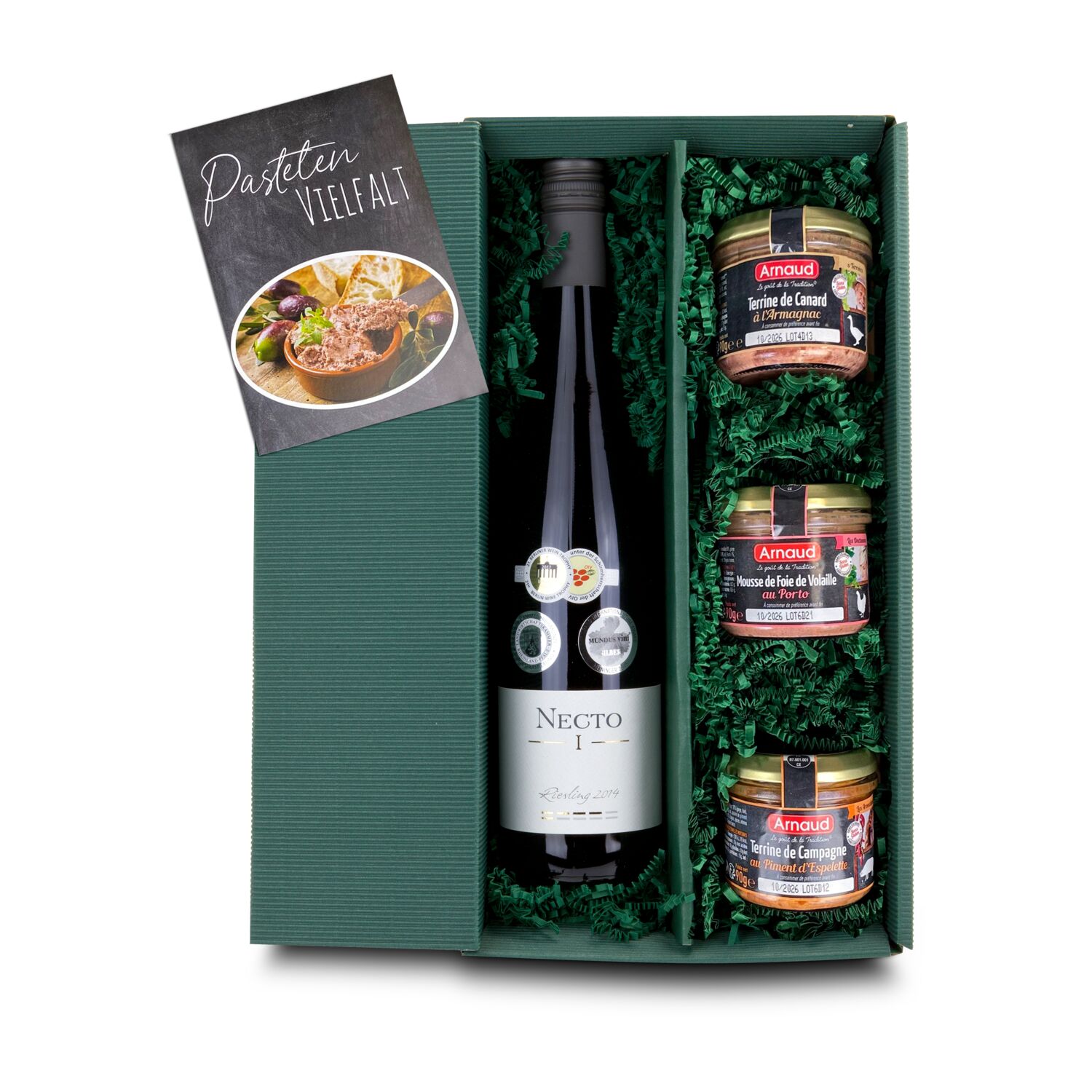 Sinnes-Reise: Ein trockener Riesling Necto I (0,75 l) kombiniert mit 3 französischen Terrinen (je 90 g) direkt vom Erzeuger aus Frankreich.