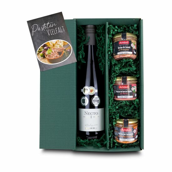 Sinnes-Reise: Ein trockener Riesling Necto I (0,75 l) kombiniert mit 3 französischen Terrinen (je 90 g) direkt vom Erzeuger aus Frankreich.