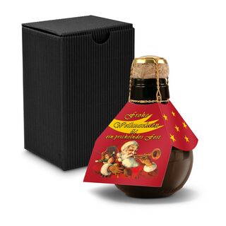 Die kleinste Sektflasche der Welt mit Sekt brut und einer Weihnachtsmanschette: Ein fröhlicher Weihnachtsgruß! In schwarzer Schmuckwelle.