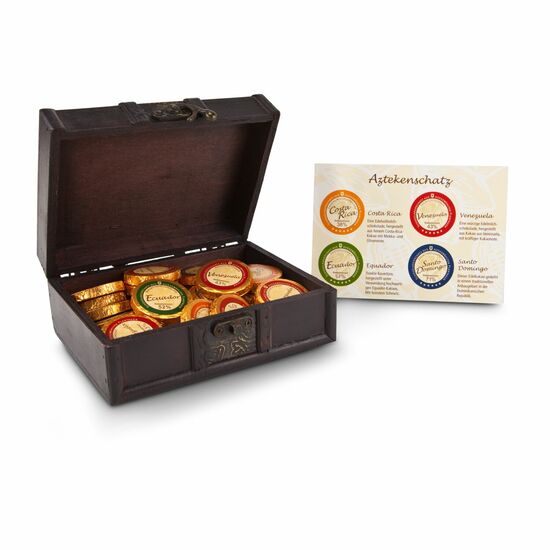 Kleine Schatztruhe gefüllt mit 192 g feinsten Schoko-Gold-Dublonen mit Kakao-Anteilen zwischen 38% und 71%. Ein echter Aztekenschatz!