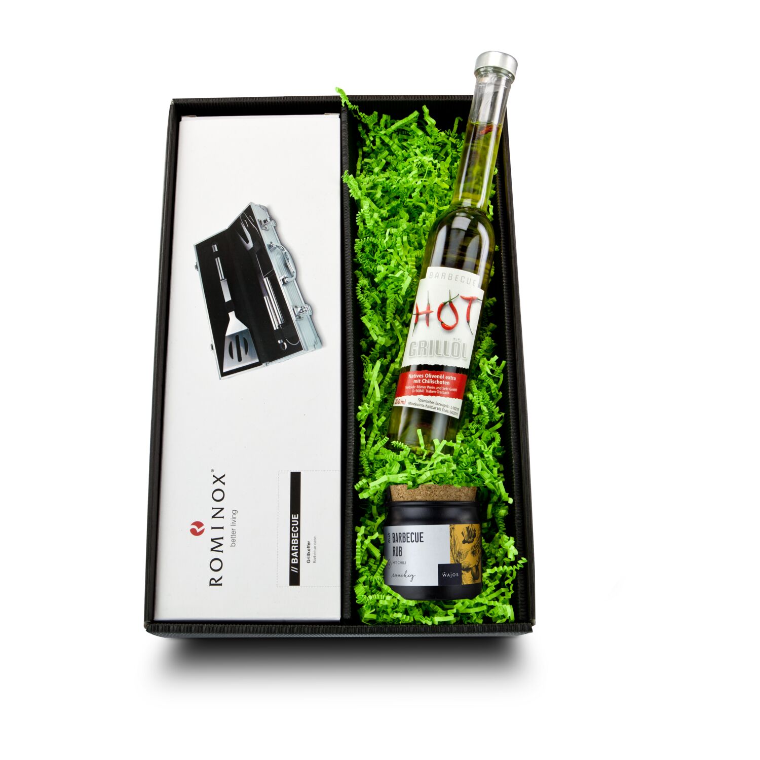 Der Aluminiumgrillkoffer von ROMINOX® enthält Wender, Gabel & Zange aus hochwertigem Edelstahl. Dazu Chili-Grill Öl & 1 BBQ-Gewürzmischung