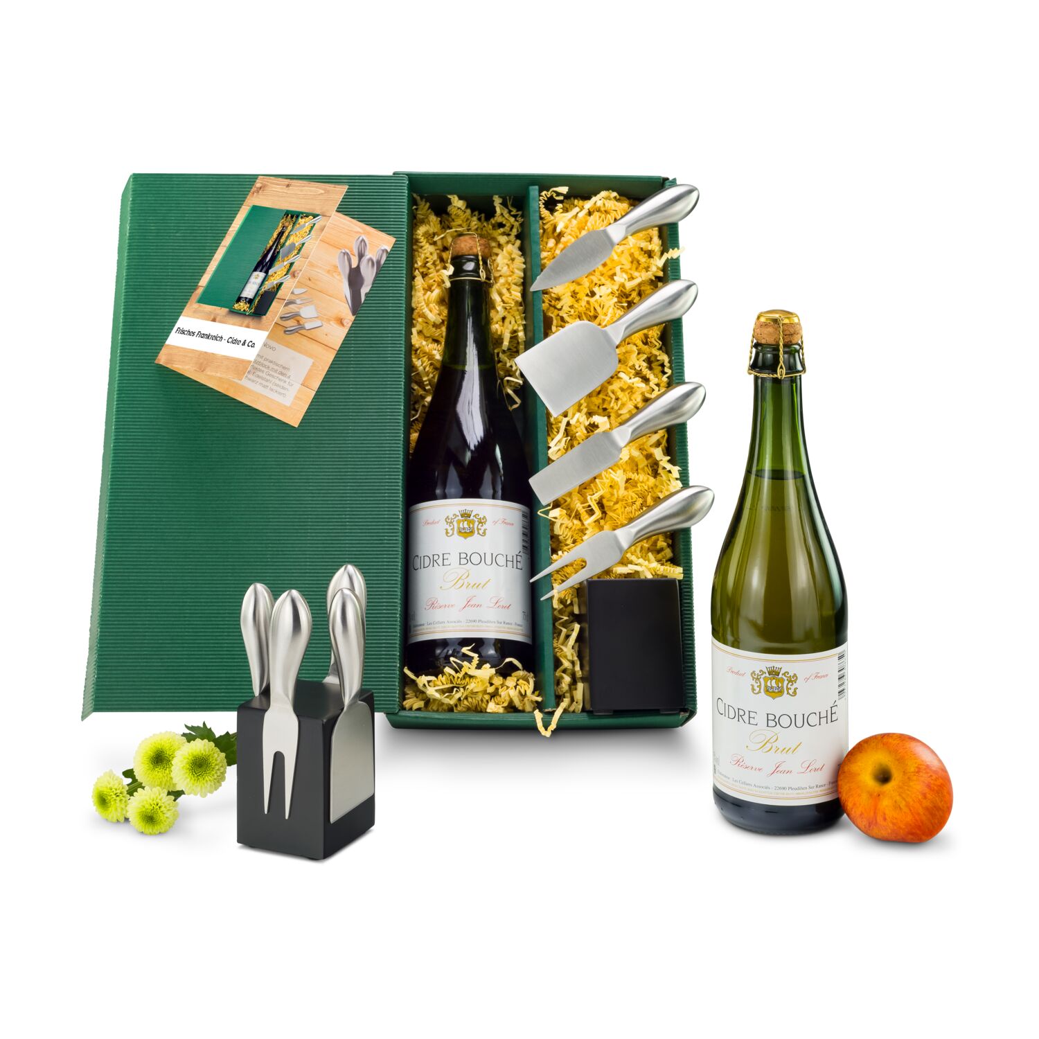 Ein Präsent mit dem Sie sich abheben! Leckerer Cidre aus Frankreich, kombiniert mit einem schönen Käse-Messer-Block für alle Käsearten.
