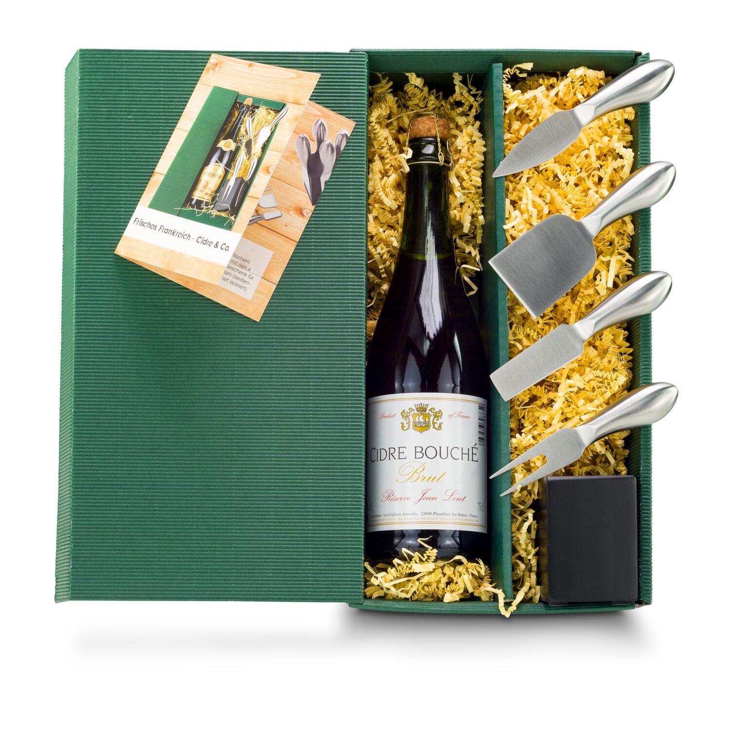 Ein Präsent mit dem Sie sich abheben! Leckerer Cidre aus Frankreich, kombiniert mit einem schönen Käse-Messer-Block für alle Käsearten.