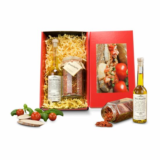 Bruschetta selbst zubereiten - kein Problem mit dieser Gewürzmischung & der Flasche Natives Olivenöl Extra. Lassen Sie es sich schmecken!