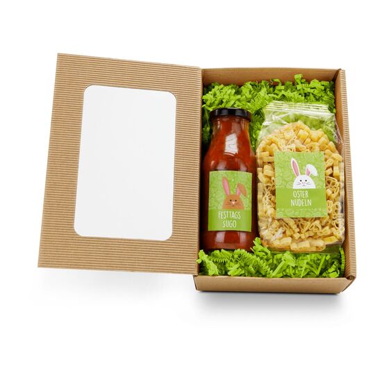 Osternudeln (250 g) in Osterhasenform & ein Glas Sugo (230 ml) verpackt im naturfarbenen Geschenkkarton