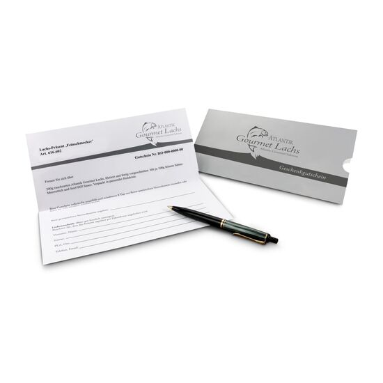 Gutschein für 500 g rauchzarten Atlantik Gourmet Lachs, filetiert & fertig vorgeschnitten. Mit feinem Sahne-Meerrettich und Senf-Dill Sauce.