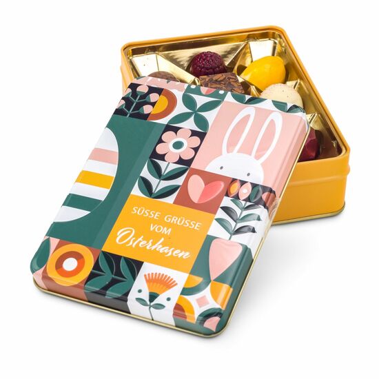 125 g Pralinen & Trüffel in einer bunten, österlichen Schmuckdose mit 3D-Prägung. Damit machen Sie großen & kleinen Osterhasen eine Freude!
