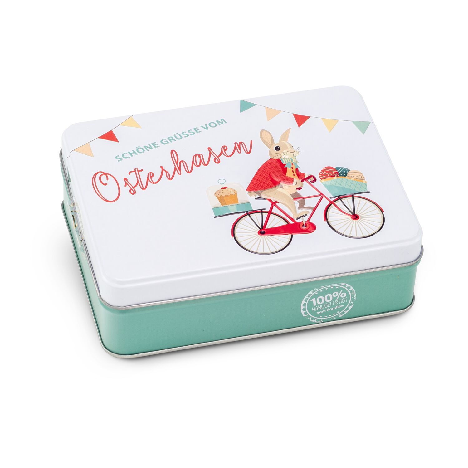 125 g Pralinen & Trüffel in einer bunten, österlichen Schmuckdose mit 3D-Prägung. Damit machen Sie großen & kleinen Osterhasen eine Freude!