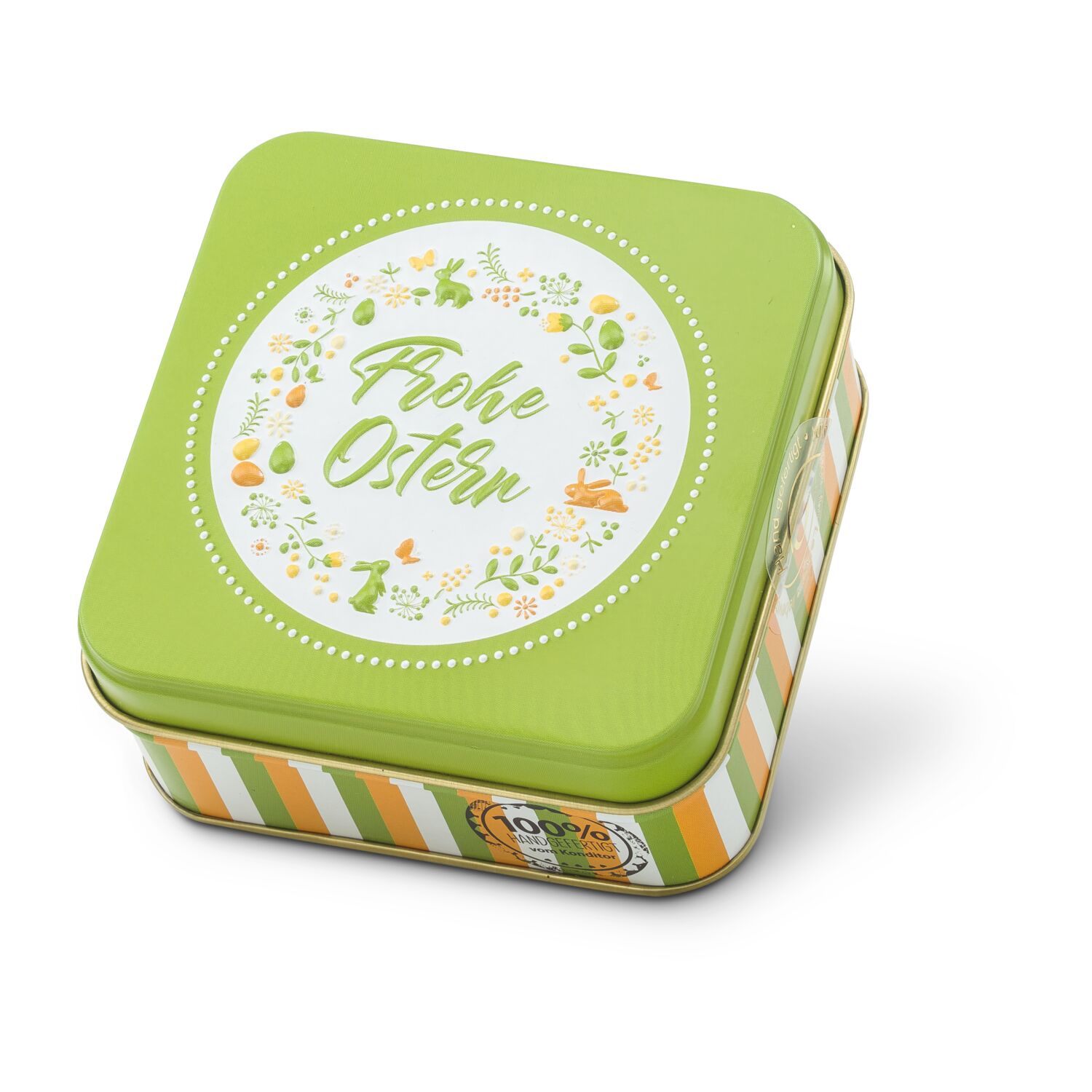 Der Osterhase bringt 50 g hochwertige Pralinen & Trüffel in einer bunten, österlichen Schmuckdose mit 3D-Prägung.