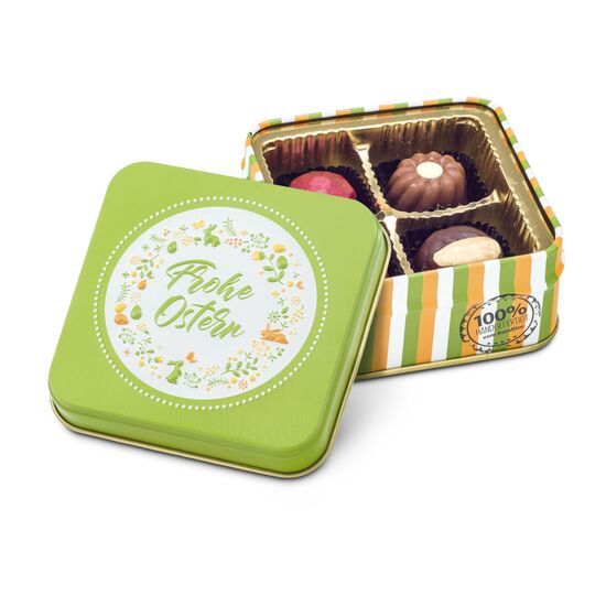 Der Osterhase bringt 50 g hochwertige Pralinen & Trüffel in einer bunten, österlichen Schmuckdose mit 3D-Prägung.