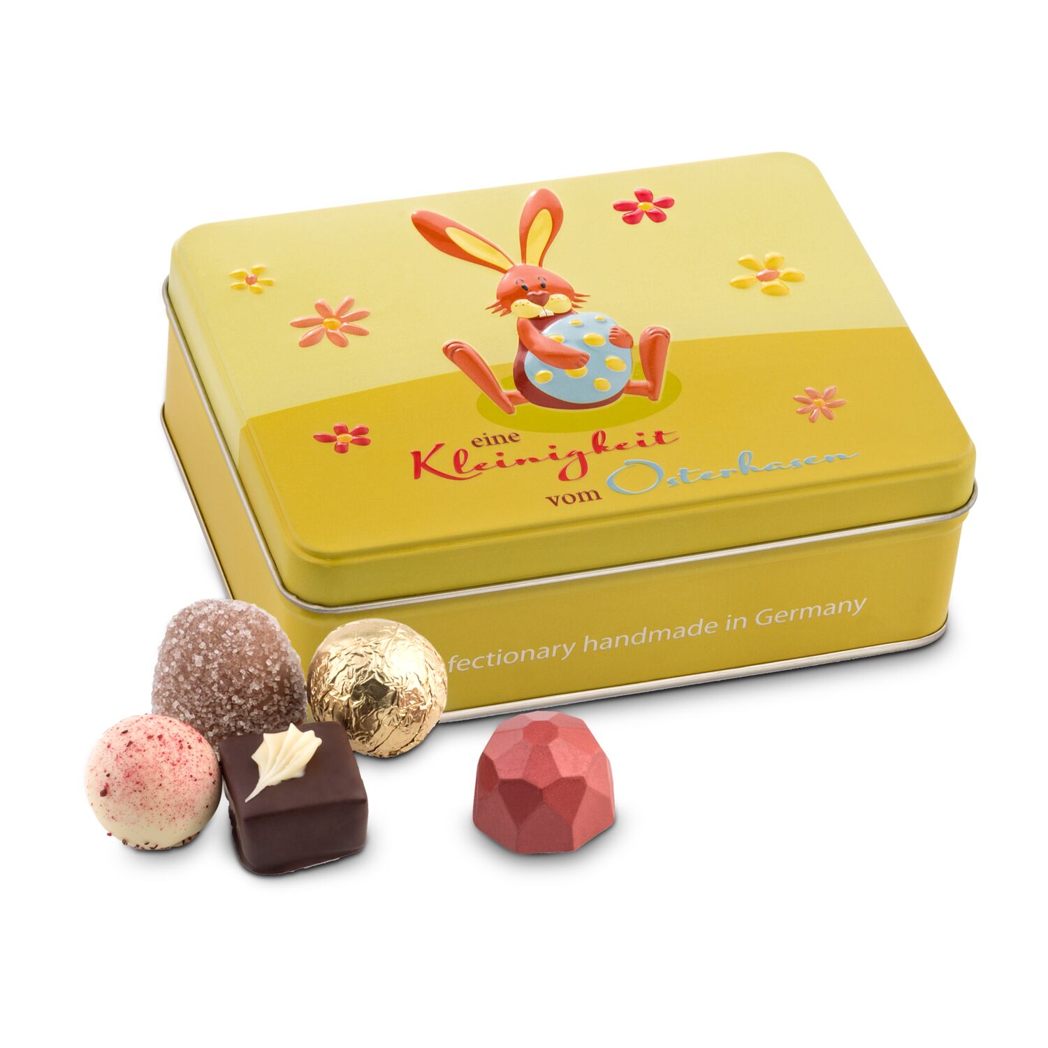 125 g Pralinen & Trüffel in einer bunten, österlichen Schmuckdose mit 3D-Prägung. Damit machen Sie großen & kleinen Osterhasen eine Freude!