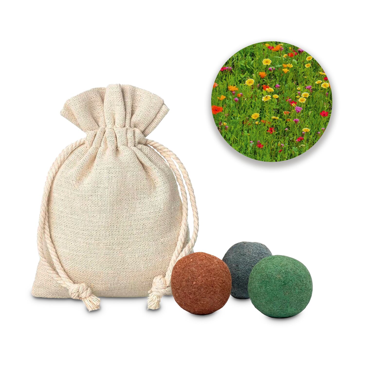 Kleines Säckchen mit Bee Happy-Anhänger gefüllt mit 3 Saatkugeln für eine farbenfrohe Blumenwiesen