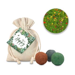 Kleines Säckchen mit Bee Happy-Anhänger gefüllt mit 3 Saatkugeln für eine farbenfrohe Blumenwiesen