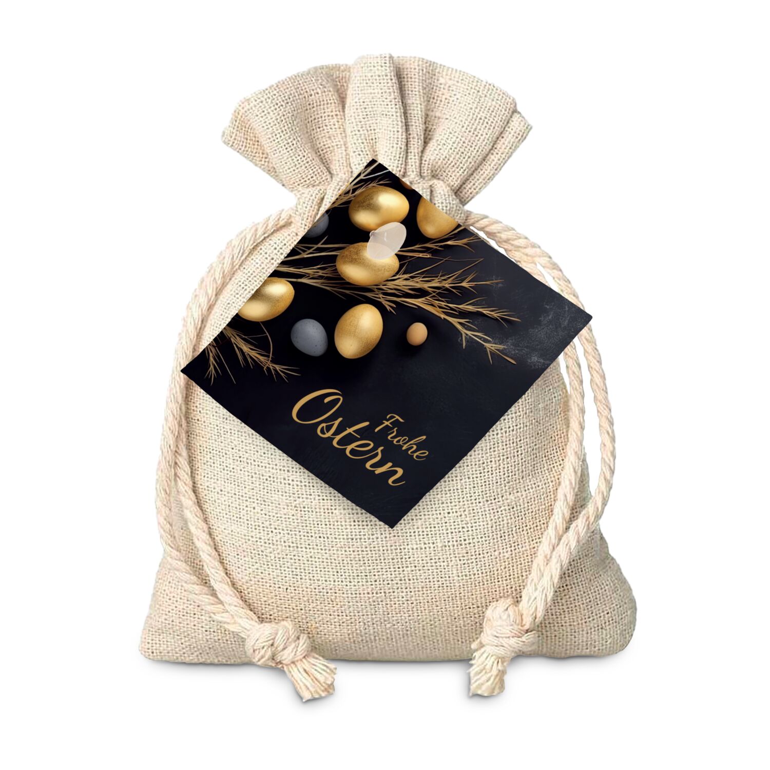 Kleines Säckchen mit Frohe-Ostern-Anhänger, 1 Lindt Golhase & 1 Lindt Lindorkugel weiße Schokolade