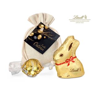 Kleines Säckchen mit Frohe-Ostern-Anhänger, 1 Lindt Golhase & 1 Lindt Lindorkugel weiße Schokolade