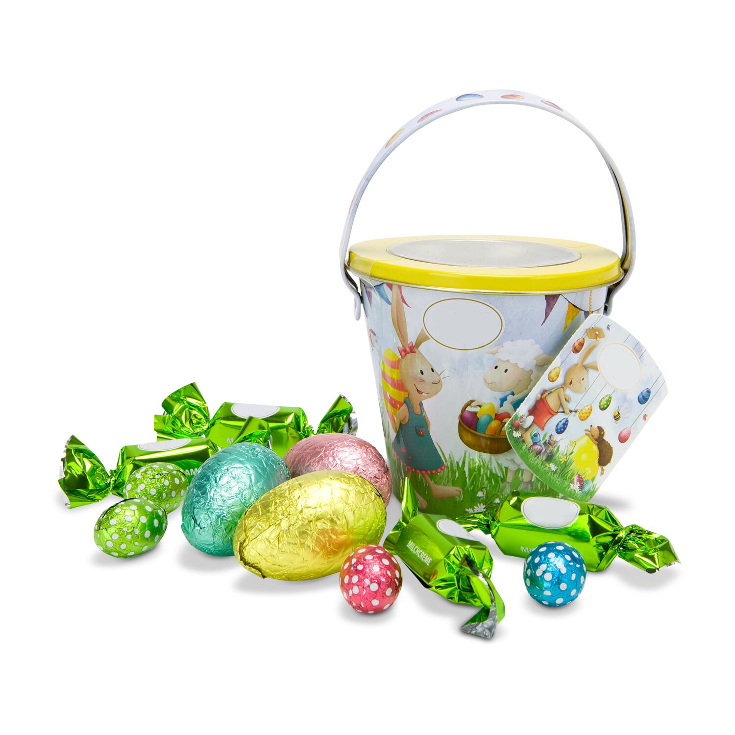Schokolade und Pralinen zu Ostern: 4 Mini-Eier, 3 große Eier und 4 Milchcremepralinen verpackt im österlichen Eimer