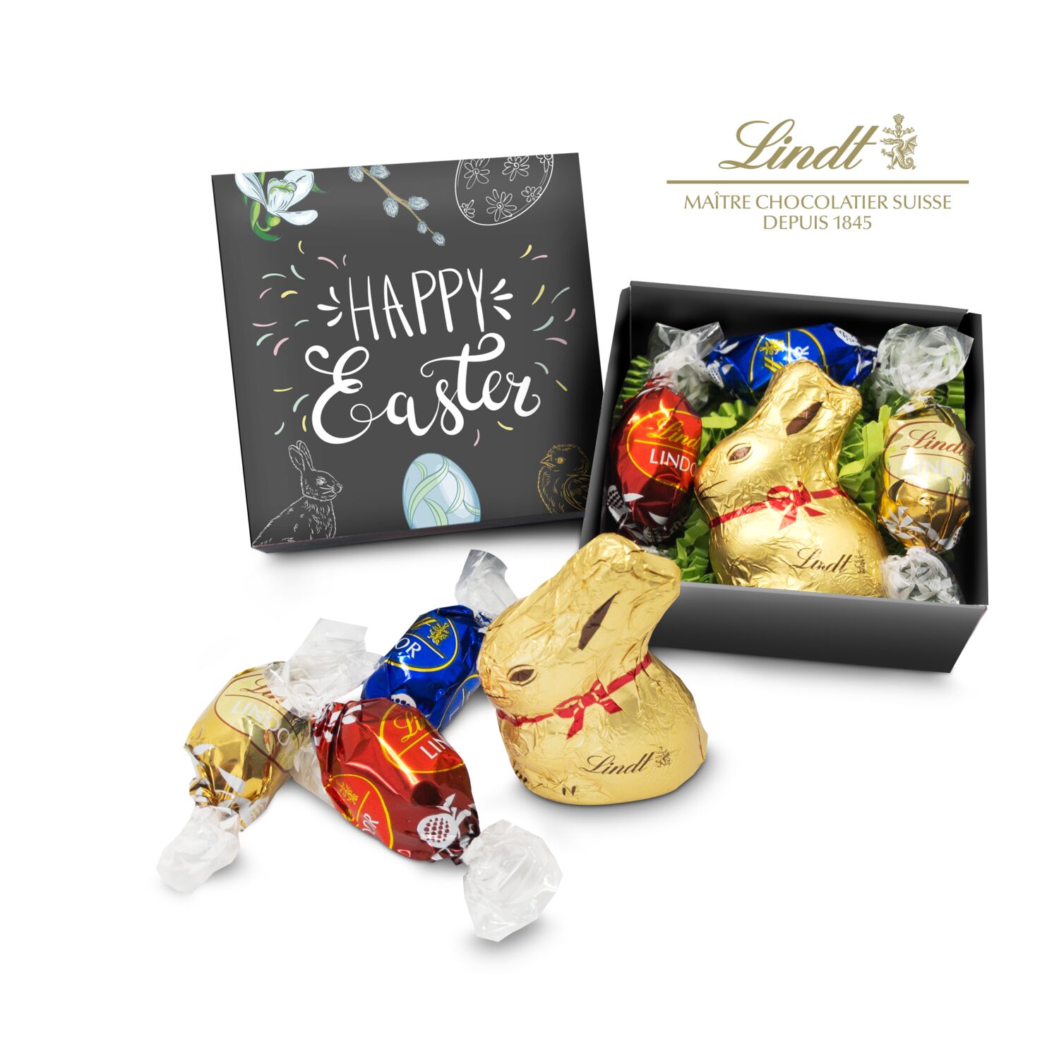 Ostergeschenk für ALLE! Innen: Goldosterhase und 3 Lindt-Mini-Eier, Außen: individuelle Ostergrüße in Ihrem Design.