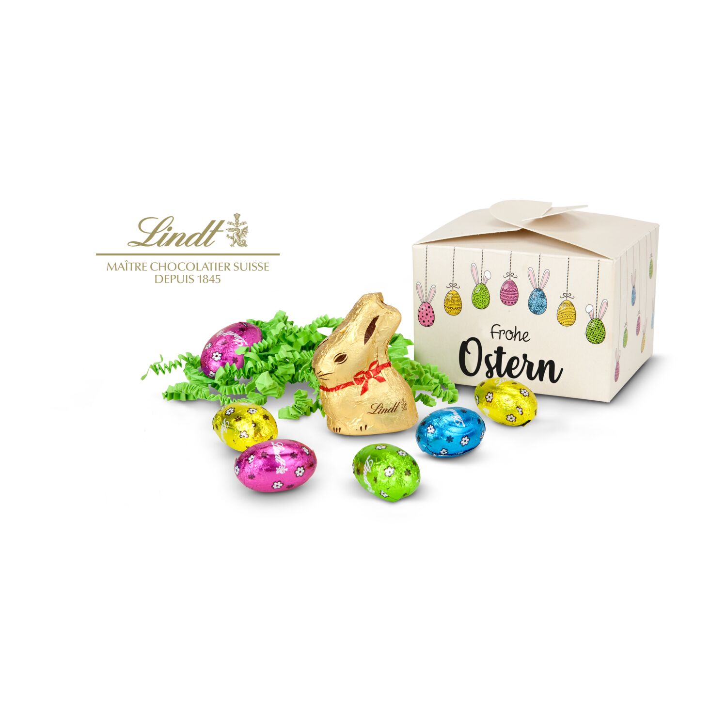 In dieser süßen Pralinenverpackung versteckt sich ein Lindt-Osterhase (10 g) und 6 bunte Lindt-Vollmilchschokoeiern (ca. 33 g).