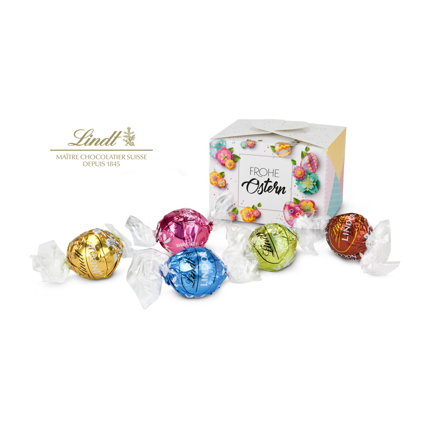 Diese kleine Pralinenschachtel enthält 5 Lindt-Lindor Kugeln in den Sorten Erdbeer-Sahne, Stracciatella, Pistazie, Weiße Schokolade & Nuss