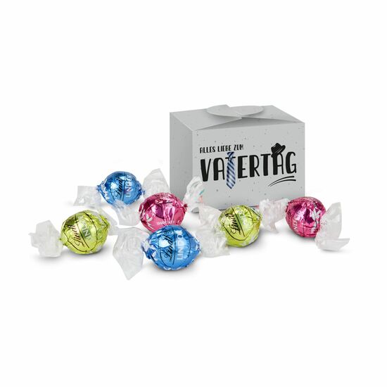 Diese kleine Pralinenschachtel enthält 5 Lindt-Lindor Kugeln in den Sorten Erdbeer-Sahne, Stracciatella, Pistazie, Weiße Schokolade & Nuss