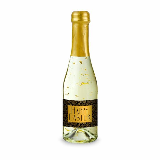 Prickelnder Secco mit lebensmittelechtem Blattgold zum Anstoßen auf eine fröhliche Oster-Zeit. 6 klare Flaschen (0,2 l) mit goldener Kapsel.