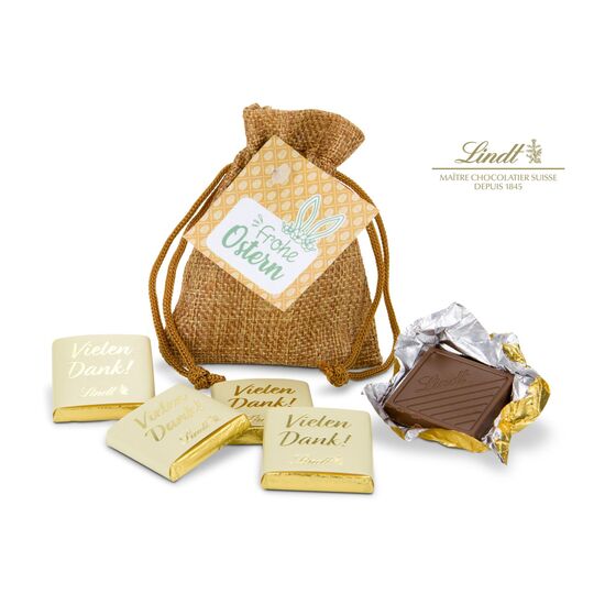 Kleines Säckchen gefüllt mit 5 „Vielen Dank“ Lindt Mini-Milchschokolade-Täfelchen und einem österlichem Geschenkanhänger
