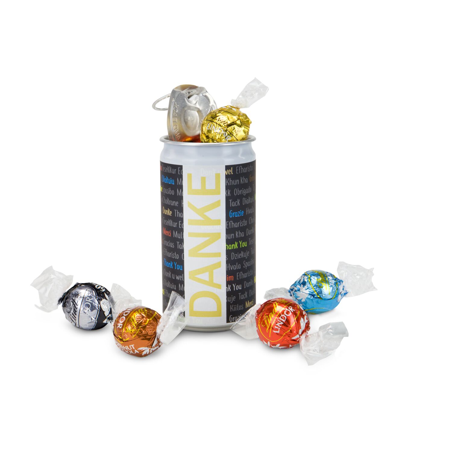 5 verschiedene Lindt-Lindorkugeln rascheln geheimnisvoll in einer verschlossenen Dose mit fröhlicher Osterbotschaft. Spannender Genuss!