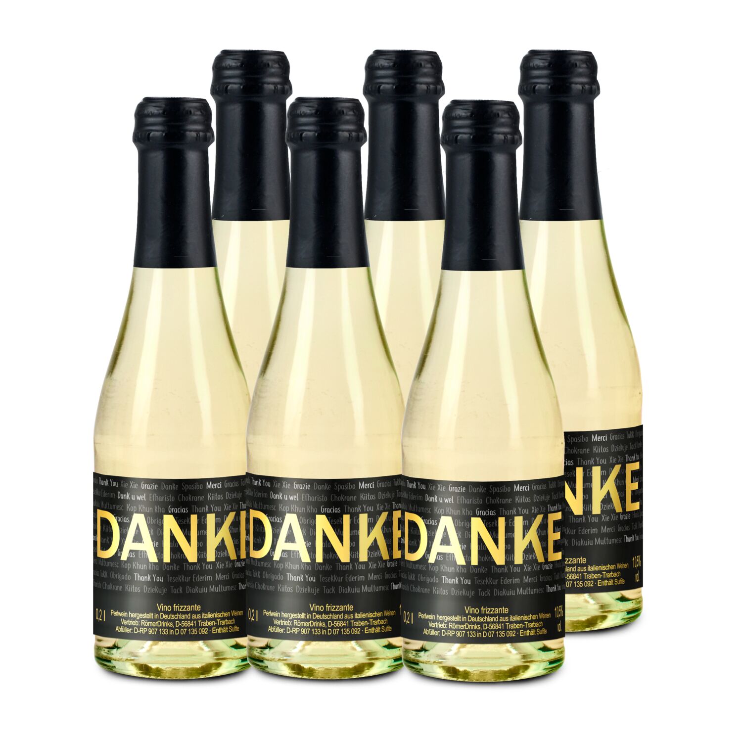 6 hochwertige Secco Piccolo Glasflaschen (0,2 l) mit „Danke” Etikett im 6er Karton, Alkohol 10,5% Vol. - Sektsteuerfrei