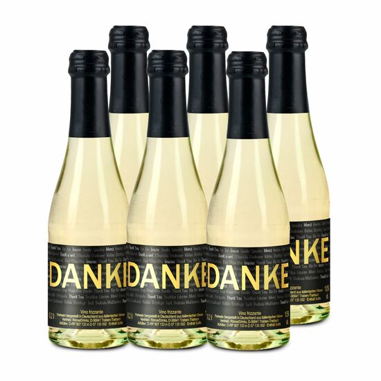 6 hochwertige Secco Piccolo Glasflaschen (0,2 l) mit „Danke” Etikett im 6er Karton, Alkohol 10,5% Vol. - Sektsteuerfrei