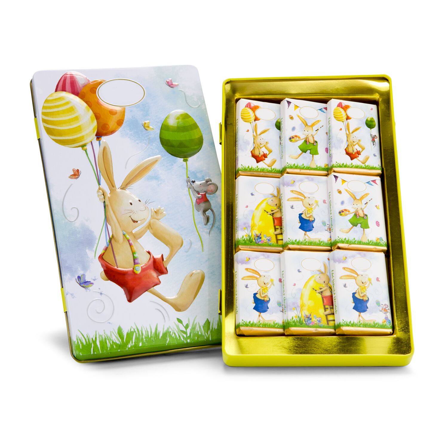 Die Dose mit dem Osterhasen ist gefüllt mit 9 leckeren Edel-Vollmilch Schokoladen-Täfelchen (insgesamt 90 g).