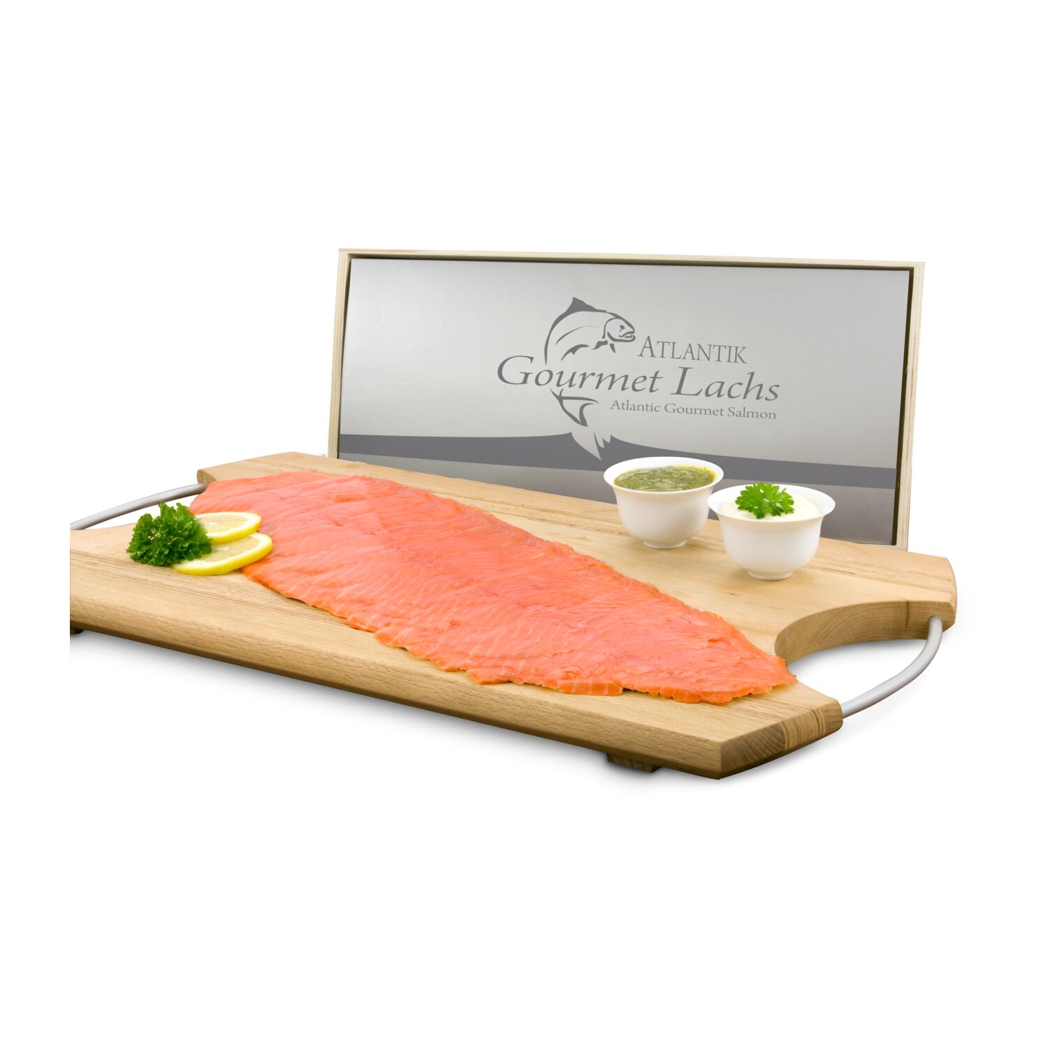 Gutschein in Holzkiste für 300 g rauchzarten Atlantik Gourmet Lachs. Mit feinem Sahne-Meerrettich und Senf-Dill Sauce.
