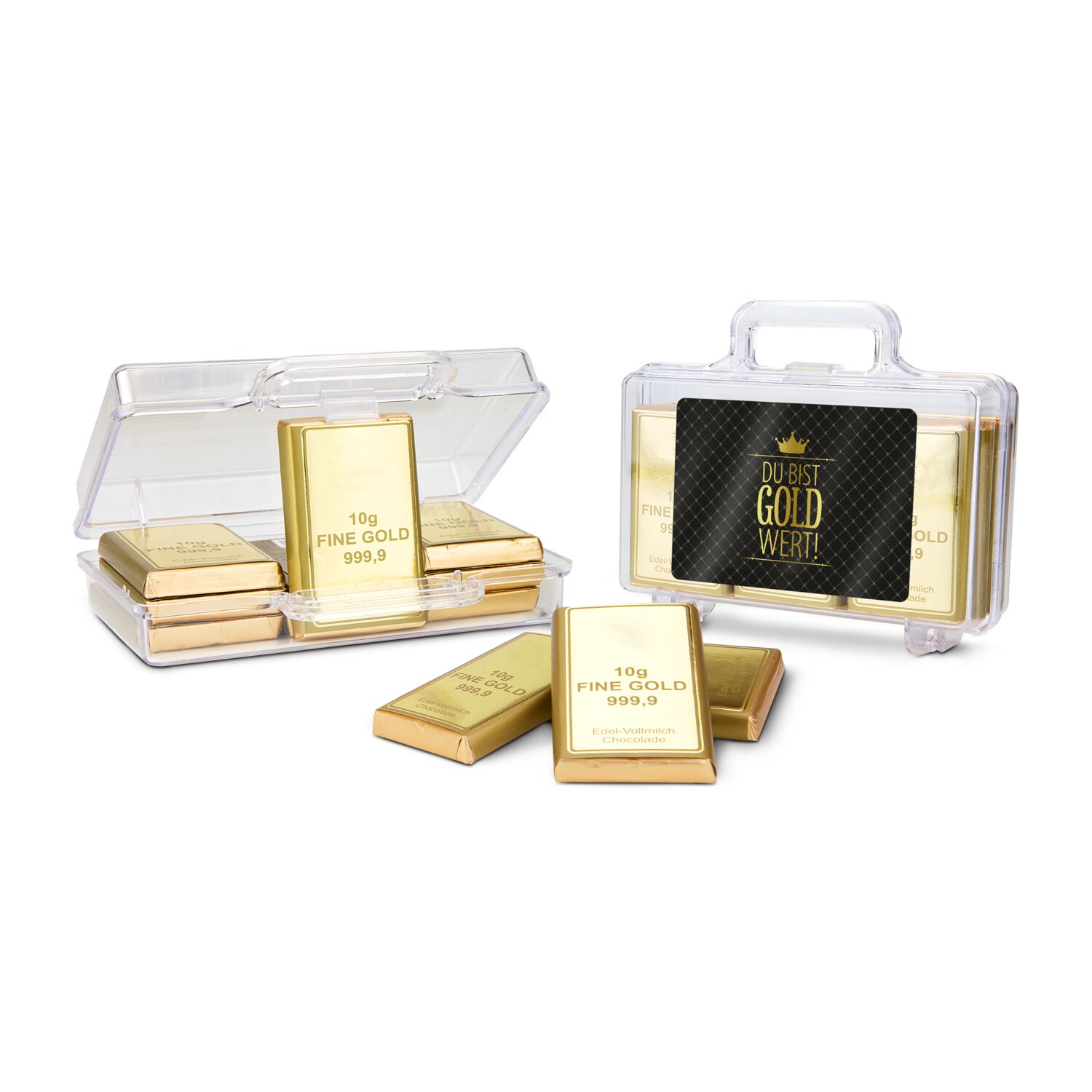 Ein süßer Goldkoffer mit 12 Goldbarren aus Edelvollmilchschokolade (120 g). Erhältlich mit „Sie sind Gold wert” und „Du bist Gold wert”.