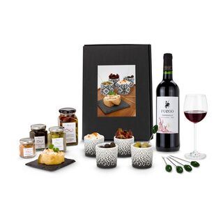 4 ROMINOX® Snack-Becher, 4 Olivenspieße, 2 Sorten Oliven, getrocknete Tomaten, 1 Dip Gewürzmischung und 1 Tempranillo Wein