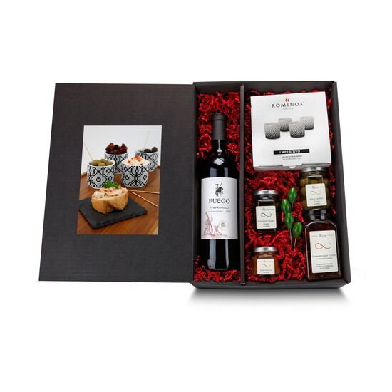 4 ROMINOX® Snack-Becher, 4 Olivenspieße, 2 Sorten Oliven, getrocknete Tomaten, 1 Dip Gewürzmischung und 1 Tempranillo Wein