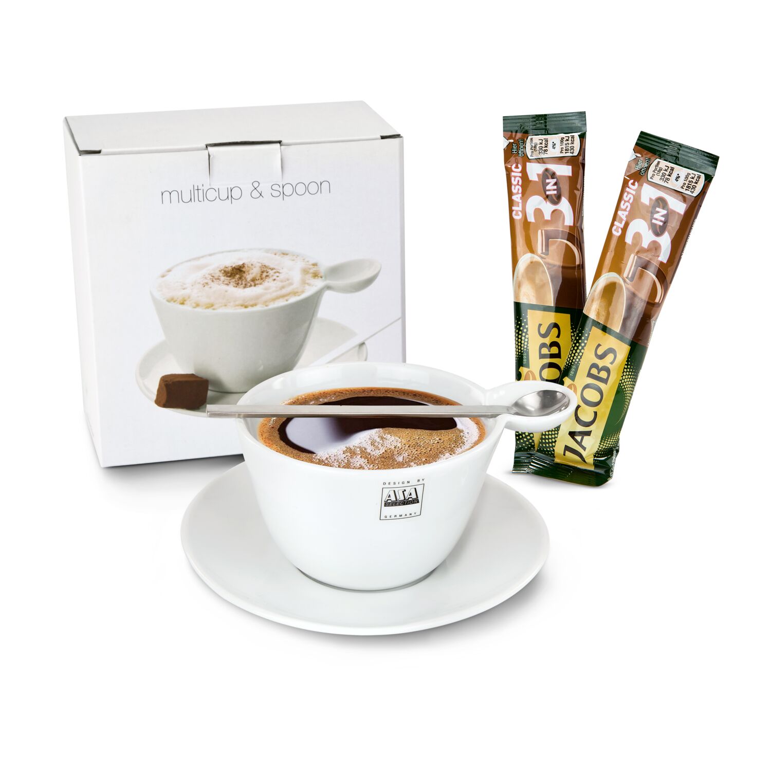 Genießen Sie eine Tasse Kaffee aus der ASA Cappuccinotasse mit Untersetzer und Löffel - 2 Kaffeebeutel 3in1 werden gleich mitgeliefert
