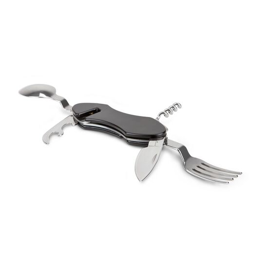 Eine Wurstdose (125 g) und 1 praktisches Camping-Besteck in einer rustikalen Metall-Lunchbox. Das Besteck hat 6 Funktionen für unterwegs!