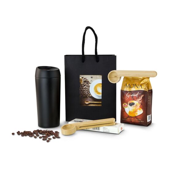 1 ROMINOX® Isolierbecher (ca. 350 ml), 1 Beutel gemahlener Gourmet-Kaffee (150 g) und 1 praktischer ROMINOX® 2in1 Kaffeelöffel.