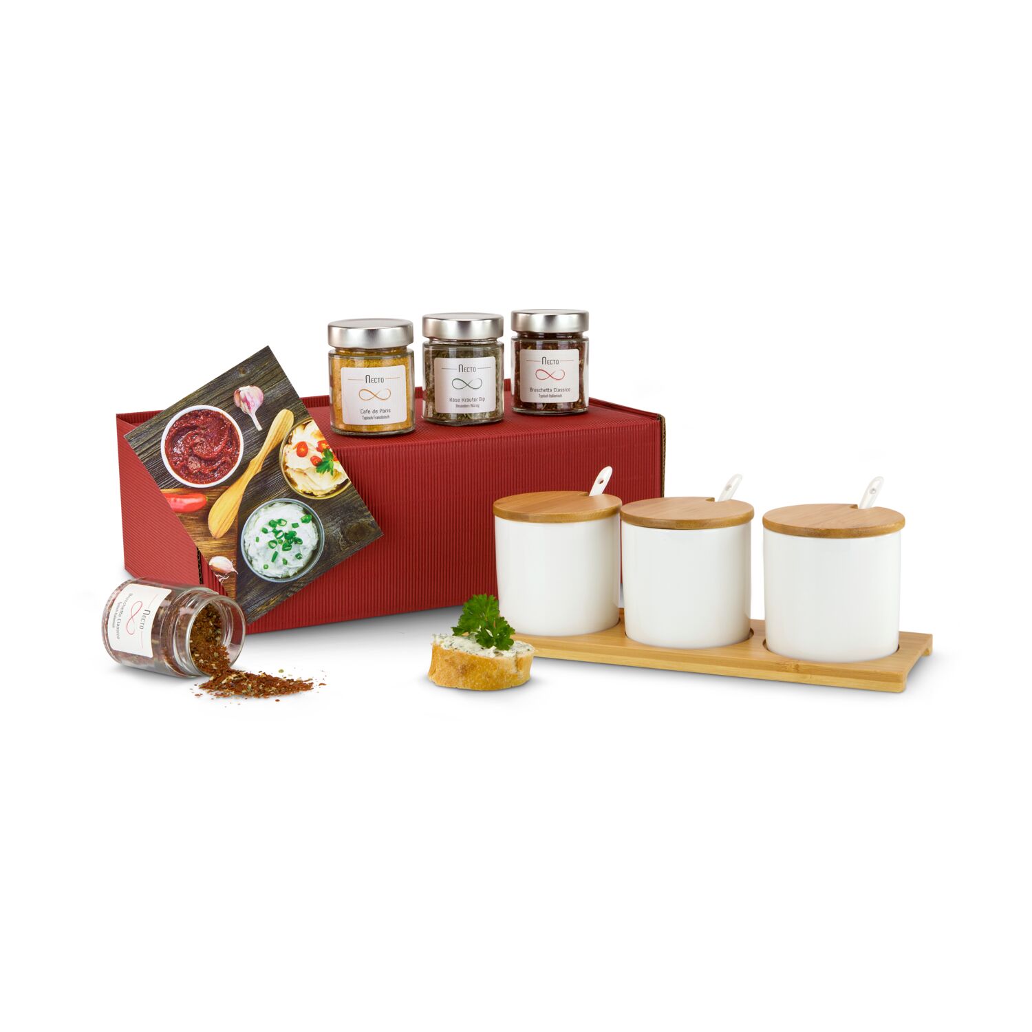 Das ROMINOX® Dip-Set Tre Malva mit 3 Keramikschalen, Löffel, Deckel und Servierbrett und passend dazu 3 Dip-Gewürzmischungen im Glas.