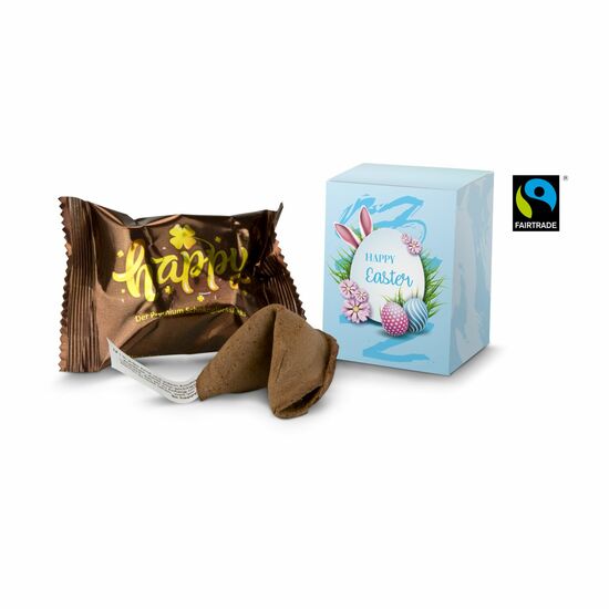 Ein Schokoladen Glückskeks (6 g) verpackt in einer kleinen Schachtel mit „Frohe Ostern“ Aufdruck. Hergestellt mit Fairtrade Kakao.
