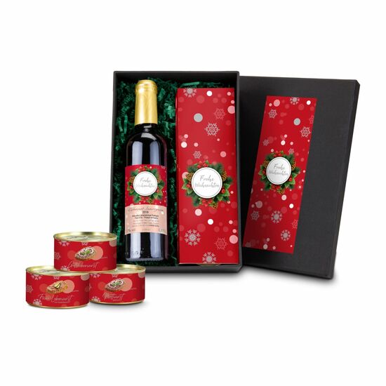 3 Wurstkonserven (je 125 g) im festlichen Design kombiniert mit einer Flasche Rotwein Cabernet Sauvignon (0,375 l)