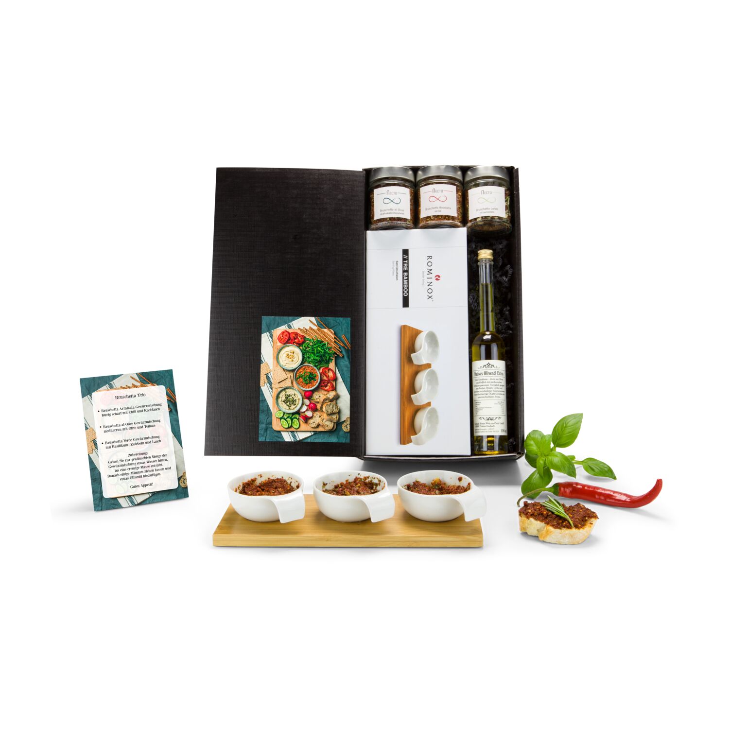 Das Bruschetta Trio besteht aus 3 Gewürzmischungen, nativem Olivenöl, einer Rezeptkarte und einem ROMINOX® Servierbrett