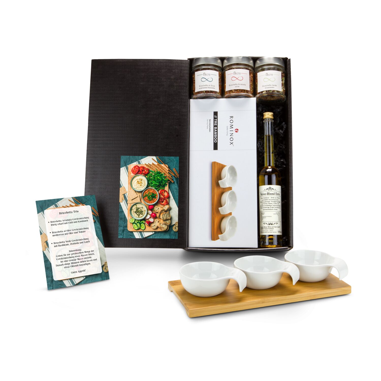 Das Bruschetta Trio besteht aus 3 Gewürzmischungen, nativem Olivenöl, einer Rezeptkarte und einem ROMINOX® Servierbrett