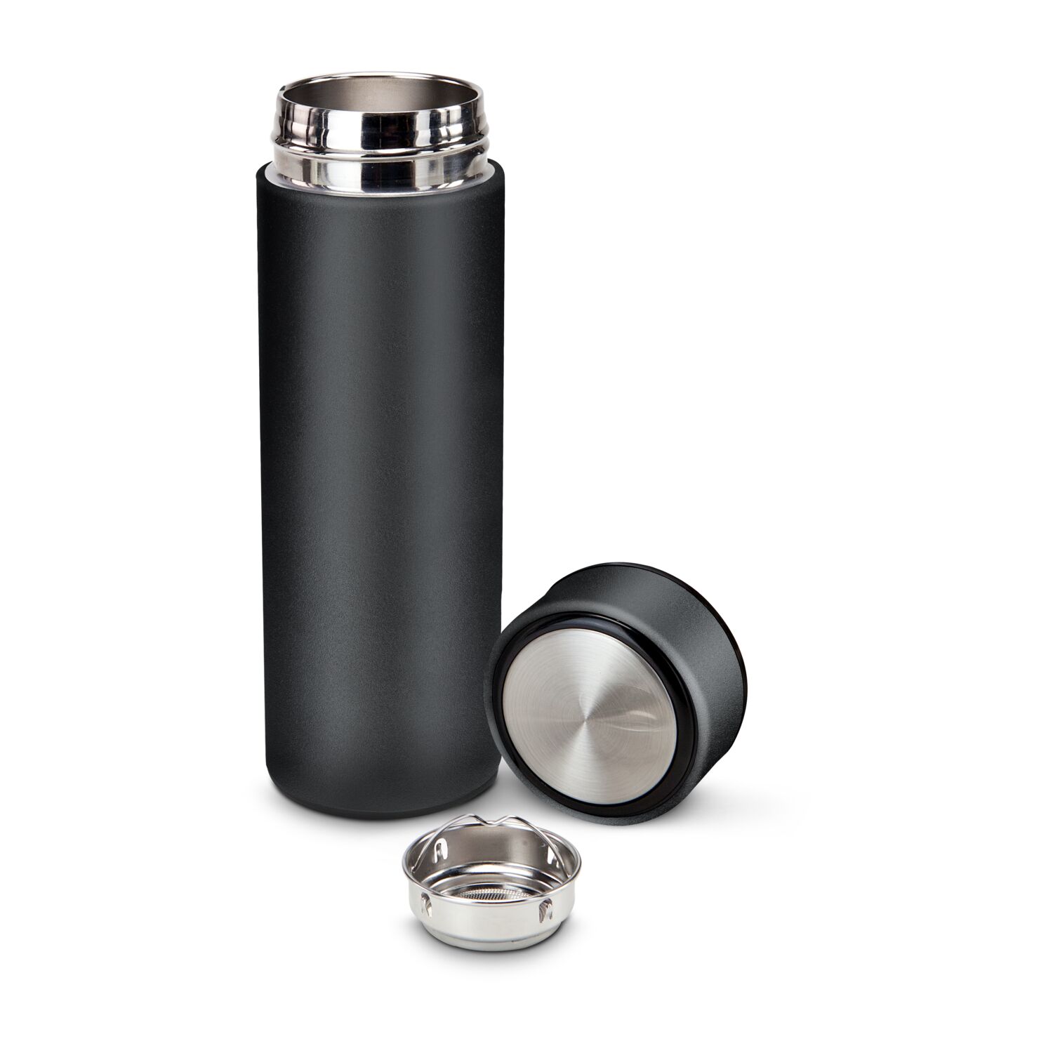 Die ROMINOX® Isolierflasche Calida (ca. 350 ml) kombiniert mit 6 bunten, wiederverwendbaren Eiswürfeln und einem Rezeptfaltblatt.