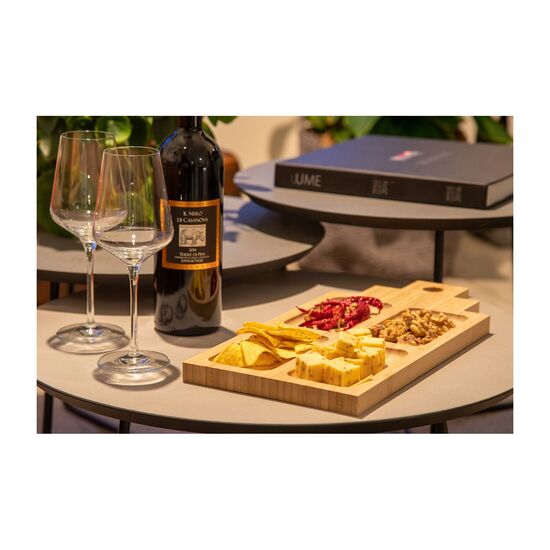 2in1 Holzkiste und Servierbrett befüllt mit 1 Flasche Tapaz Tempranillo Rotwein, 1 Weinkaraffe und 4 ROMINOX® Serviettenringen
