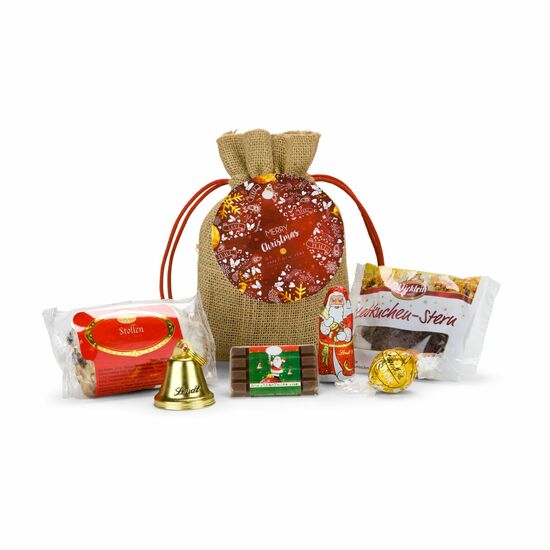 Säckchen gefüllt mit Mini-Stollen (80 g), Lebkuchenstern (28 g), Schokotäfelchen (10 g), Nikolaus (10 g) und Lindt Lindorkugel (12,5 g)