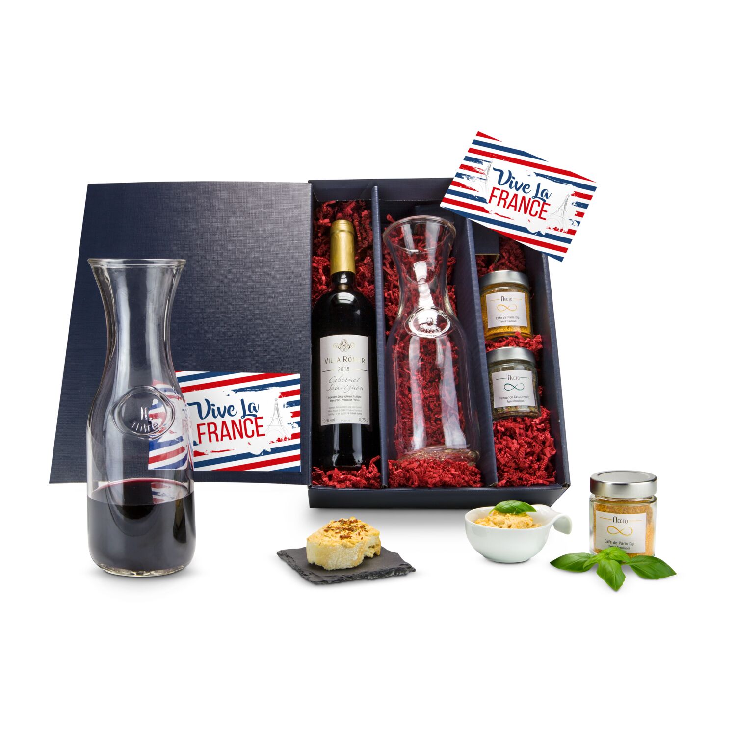 Frankreich für Zuhause: 1 Cabernet Sauvignon, 1 Glaskaraffe, 1 Rezeptkarte, Provence Gewürzsalz (100 g) und Café de Paris Dipmischung (85 g)